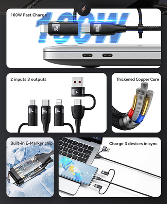 USAMS καλώδιο USB/USB-C σε 3 in 1 US-SJ646, PD 100W, 2m, μαύρο