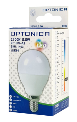 OPTONICA LED λάμπα G45 1403, 5.5W, 2700K, 450lm, E14