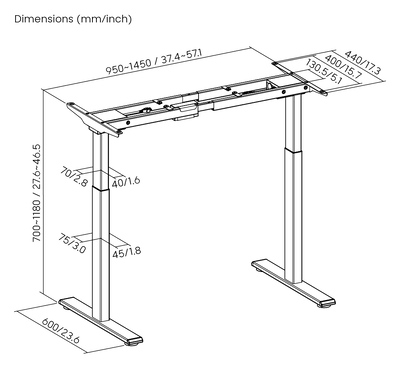 BRATECK σκελετός ηλεκτρικού γραφείου M12-22D, 95~145x60x70~118cm, μαύρο