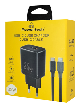 POWERTECH φορτιστής τοίχου PT-1180, καλώδιο, USB/USB-C, 35W, GaN, μαύρος