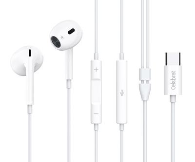 CELEBRAT earphones με μικρόφωνο E400, USB-C σύνδεση, Φ14mm, 1.2m, λευκά