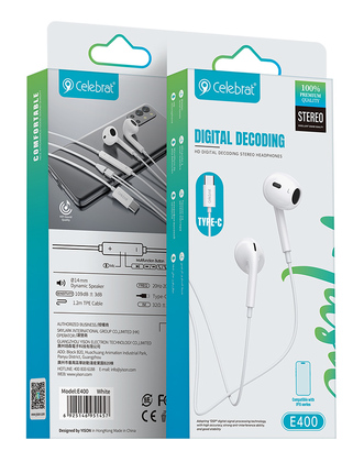 CELEBRAT earphones με μικρόφωνο E400, USB-C σύνδεση, Φ14mm, 1.2m, λευκά