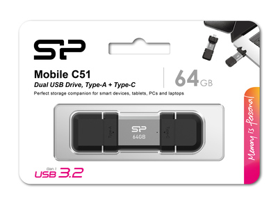 SILICON POWER USB Flash Drive C51, USB/USB-C, 64GB, 120MBps, ασημί