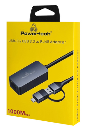 POWERTECH αντάπτορας δικτύου PTR-0149, USB & USB-C, 1000 Mbps, γκρι