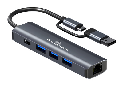 POWERTECH USB hub PTR-0150 με θύρα δικτύου, 4 θυρών, USB & USB-C, γκρι