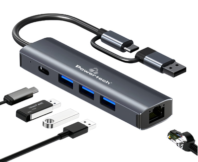 POWERTECH USB hub PTR-0150 με θύρα δικτύου, 4 θυρών, USB & USB-C, γκρι