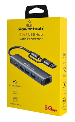 POWERTECH USB hub PTR-0150 με θύρα δικτύου, 4 θυρών, USB & USB-C, γκρι