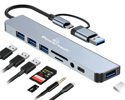 POWERTECH docking station PTR-0151, 8 θυρών, USB & USB-C σύνδεση, γκρι