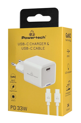 POWERTECH φορτιστής τοίχου PT-1225 με καλώδιο, USB-C, 33W, GaN, λευκός