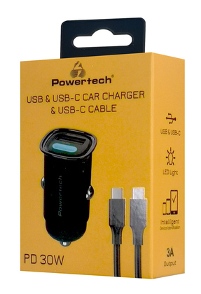 POWERTECH φορτιστής αυτοκινήτου PT-1229, καλώδιο, USB/USB-C, 30W, μαύρος