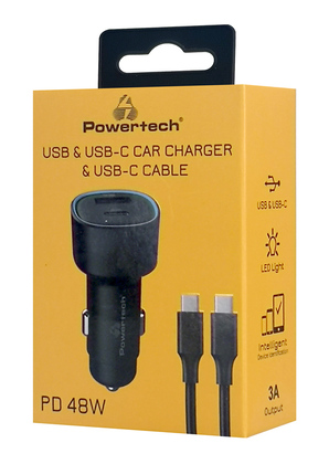 POWERTECH φορτιστής αυτοκινήτου PT-1230, καλώδιο, USB/USB-C, 48W, μαύρος