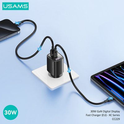 USAMS φορτιστής τοίχου US-CC229, USB & USB-C, 30W, GaN, μαύρος USAMS φορτιστής τοίχου US-CC229, USB & USB-C, 30W, GaN, μαύρος