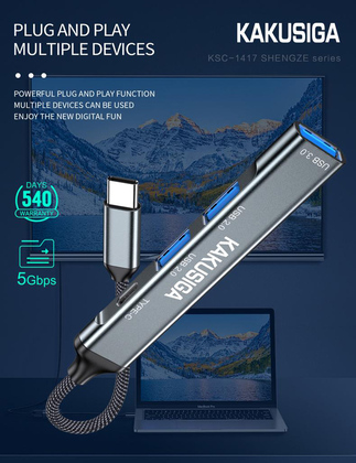 KAKUSIGA USB hub KSC-1417, 4x θυρών, USB 3.0, 5Gbps, USB-C σύνδεση, γκρι KAKUSIGA USB hub KSC-1417, 4x θυρών, USB 3.0, 5Gbps, USB-C σύνδεση, γκρι