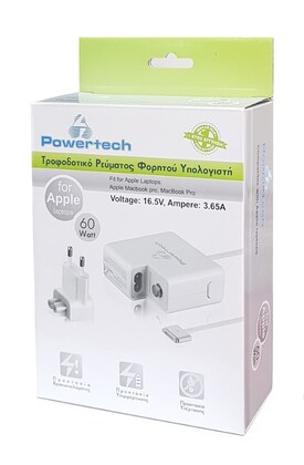 POWERTECH τροφοδοτικό laptop PT-289 για Apple, 60W, 16.5V/3.65A, λευκό